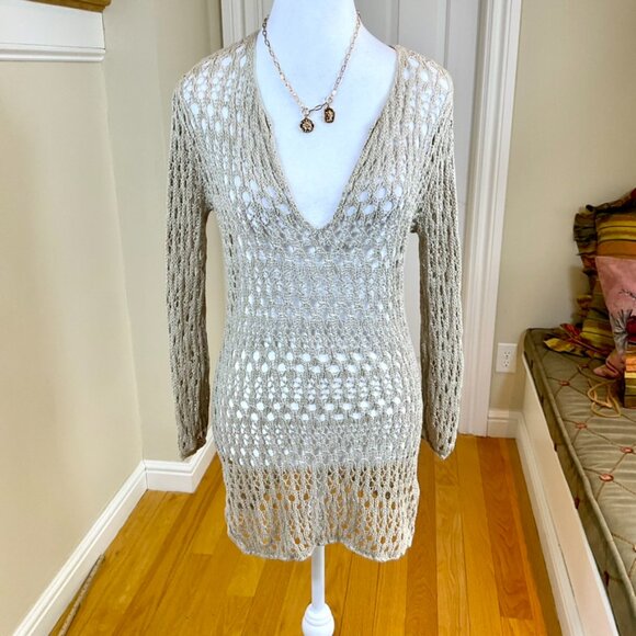 Velvet by Graham & Spencer Sweaters - Velvet Brand Sweater Linen Blend Beige Open Knit Deep V-Neck Long Sleeves (M)